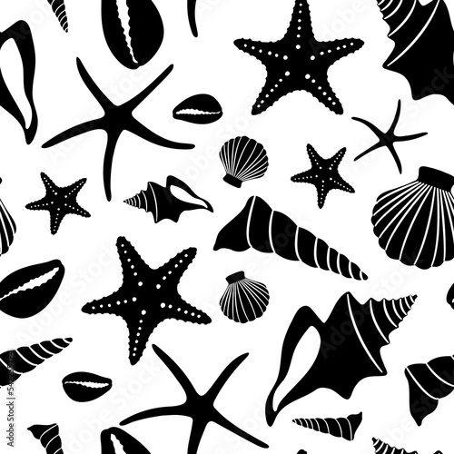 Boho seamless pattern with monochrome conch shells and sea stars on white background.