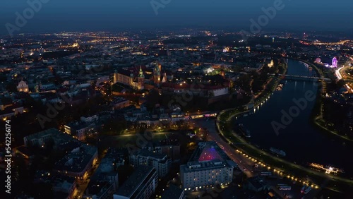 Wallpaper Mural Aerial View of Krakow, Wawel, Royal Castle, Cracow, Poland, Polska. Krakow - Royal castle Wawel at night, Poland. Night view of Krakow. Aerial. Royal Wawel Castle illuminated at night.  Torontodigital.ca