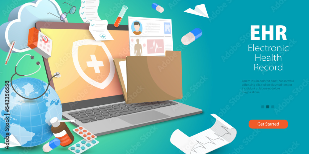 3D Vector Conceptual Illustration of EHR as Electronic Health Record, Medical Patient Data Storage System - obrazy, fototapety, plakaty 