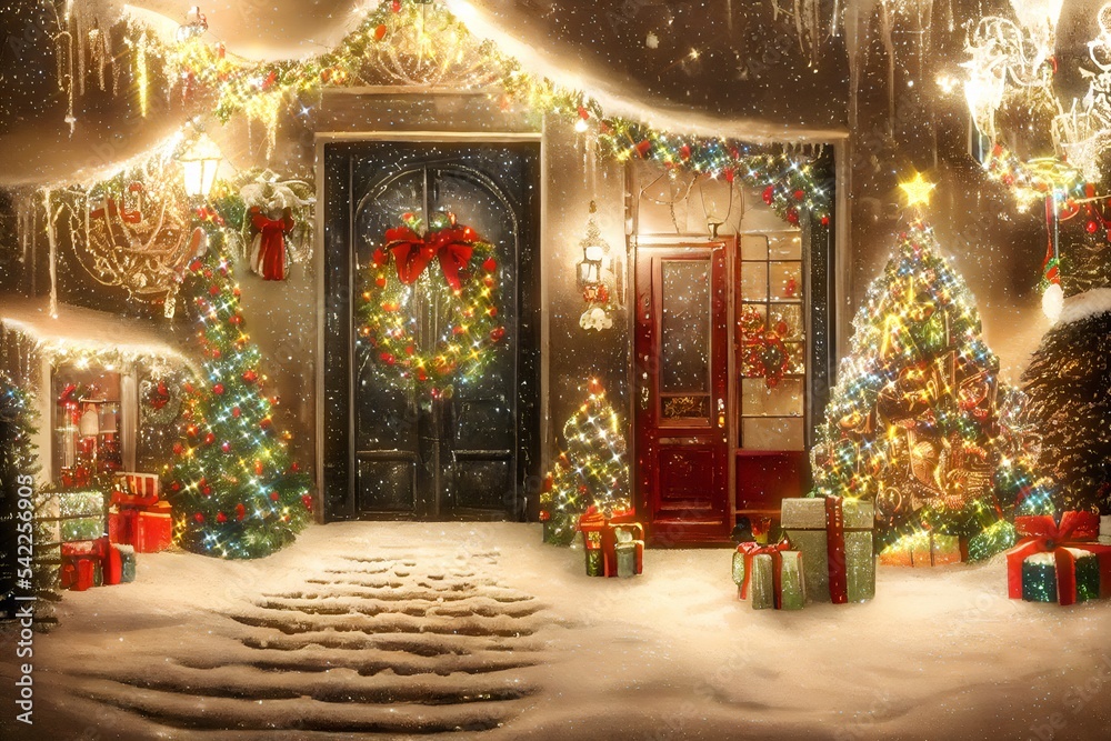 Front door of the house decorated with Christmas reeds and colorful lights. Gifts under the Xmas  trees. Cosy Christmas atmosphere, lots of snow. Digital painting art.