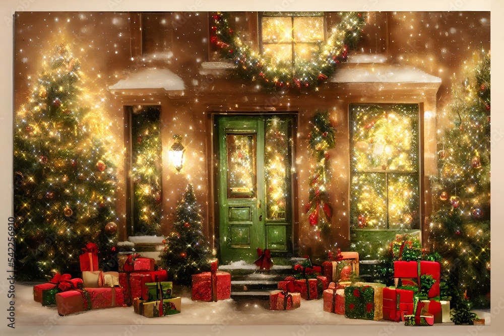 Front door of the house decorated with Christmas reeds and colorful lights. Gifts under the Xmas  trees. Cosy Christmas atmosphere, lots of snow. Digital painting art.