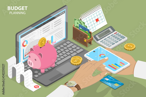 3D Isometric Flat Vector Conceptual Illustration of Budget Planning, Family Finanacial Management photo