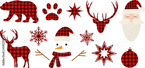 Set Christmas elements buffalo plaid vector illustration