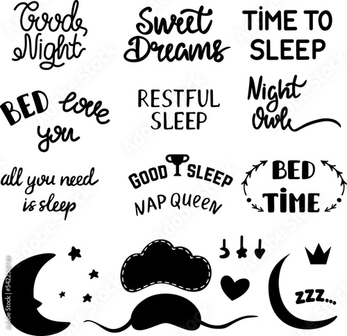 Bedtime slogan, sleep lettering signs. Isolated black time to bed handwritten text, sleep masks and moon. Vector night prints templates