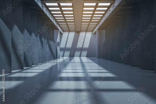 Luxury dark concrete gallery interior with sunlight and shadows. 3D Rendering.
