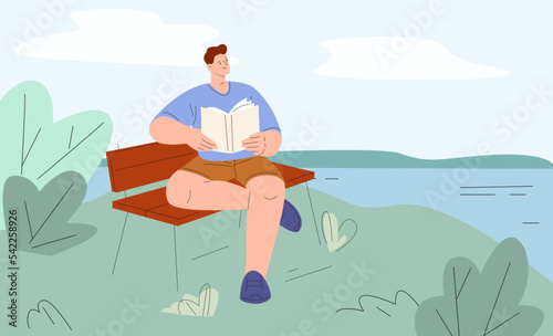 Man reading on lake shore. Young male rest on nature, in park or village. Flat cartoon vector guy with book on bench, outdoor relax and vacation