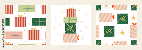 Set of illustration and patterns with holiday gift boxes. Christmas vector backgrounds