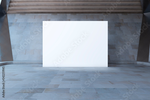 Front view on blank white poster with space for your text or logo on stone tiles floor in abstract empty hall with grey wall background. 3D rendering, mockup © Who is Danny