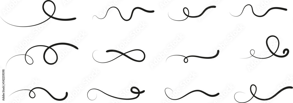 Curved swooshes, lettering or typography black elements. Decorative retro swoosh, calligraphy tails. Simple liner strokes vector set - obrazy, fototapety, plakaty 