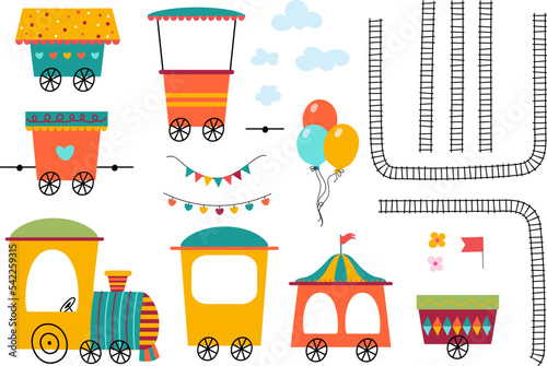 Cartoon amusement park elements. Train cars, diesel locomotive and railroad decorative childish elements. Cute trains constructor, vector carnival set