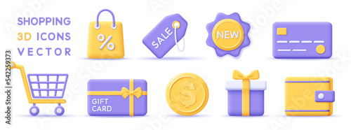 3d set online shopping icons. Render shopping symbol for discount concept, sale on goods and e-commerce. 3d vector cartoon minimal illustration