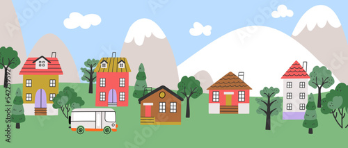 Neighborhood cartoon nature landscape, tiny houses and mountains. Rural area, bus in village. Cute childish vector background, real estate banner