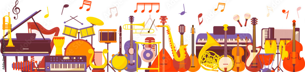 Musical instruments banner. Instrumental band, saxophone drum guitar  background. Music jazz orchestra concert, abstract neoteric vector poster  with flat instrument Stock Vector | Adobe Stock