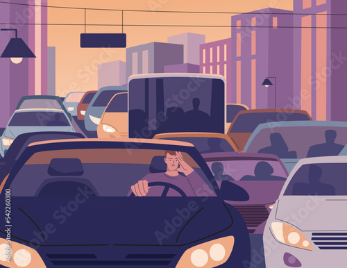 Tired man driving city traffic jam at evening. After work day, sleepy driver in car on road. Fatigue male in auto, urban environment problems kicky vector scene
