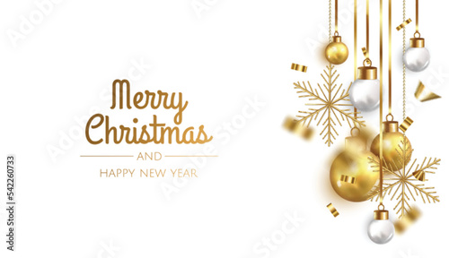 Happy New Year and Merry Christmas. Background with realistic holiday ball. White and gold christmas balls,shiny confetti and gold snowflake