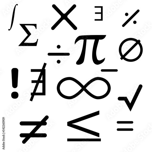 Vector illustration of symbols icons used in mathematics, many vector flat icons of mathematical symbols.