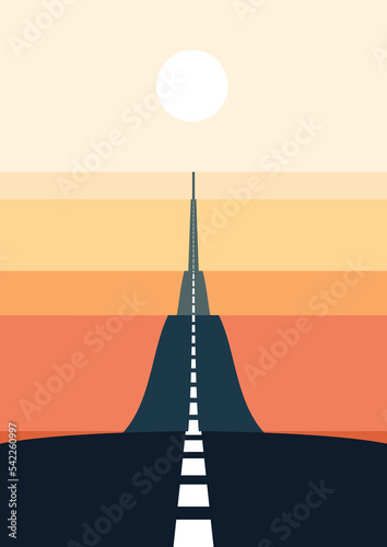 Very long highway going trough a desert to a distant horizon. Long road illustration which symbolises new discoveries and journeys. Landscape with orange and golden sand, and a sunset. 