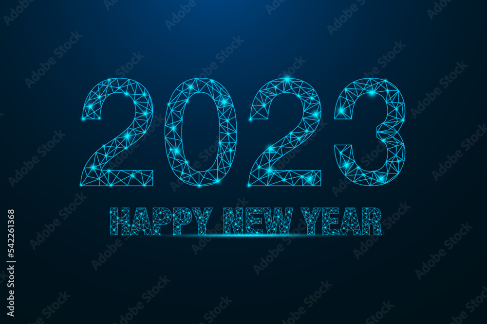 happy new year 2023 illustration made by points and lines polygonal wireframe on night sky dark happy new year 2023 illustration made by points and lines polygonal wireframe on night sky dark