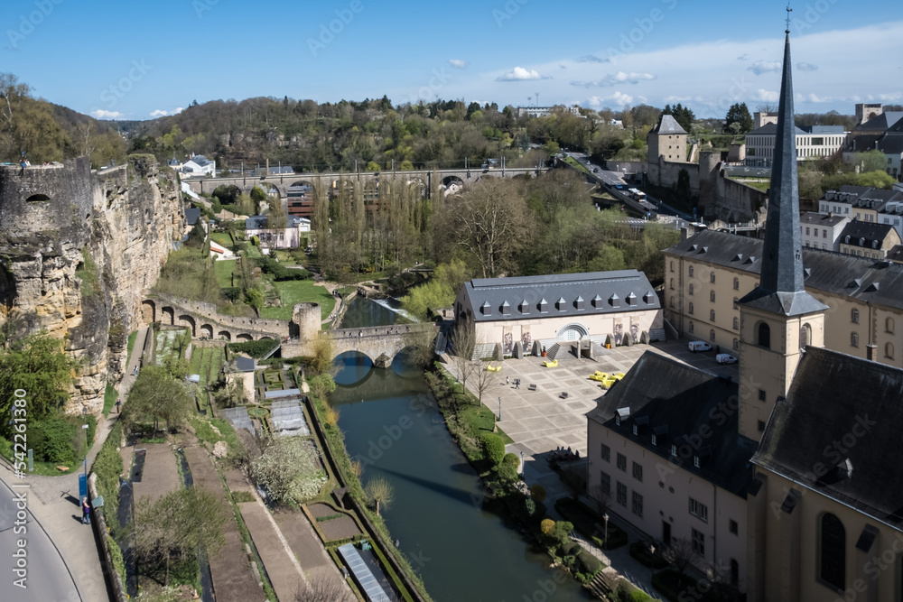 Architectural detail of the Grund, a quarter in central Luxembourg City, in southern Luxembourg, located in the valley below the center of Luxembourg City on the banks of the Alzette river.