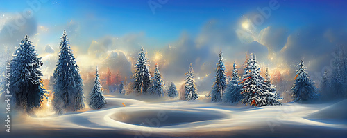 Fotografia Märchenhafte Winterlandschaft Hintergrundbild mit Schnee und Bäume in einer epis