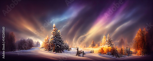 Valokuva Märchenhafte Winterlandschaft Hintergrundbild mit Schnee und Bäume in einer epis