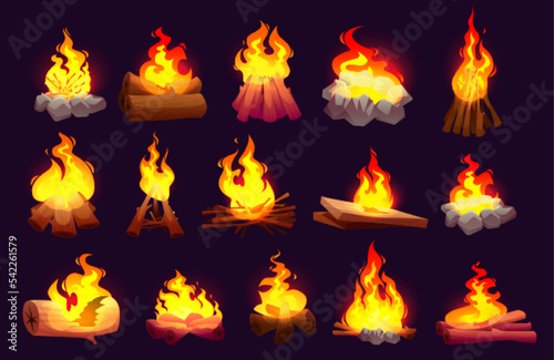 Foto Set of burning fire flames, campfire with logs
