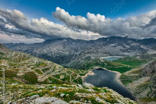 View of the beautiful Colle del Nivolet with lake and mountains in Gran Paradiso, Italy