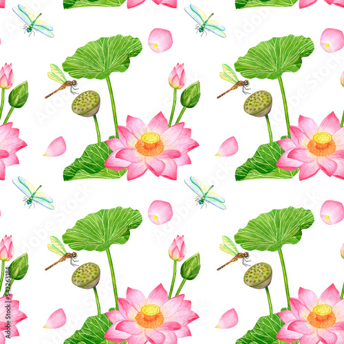 Watercolor seamless pattern with lotus flowers  seed boxes to create textures  backgrounds  packaging  textiles