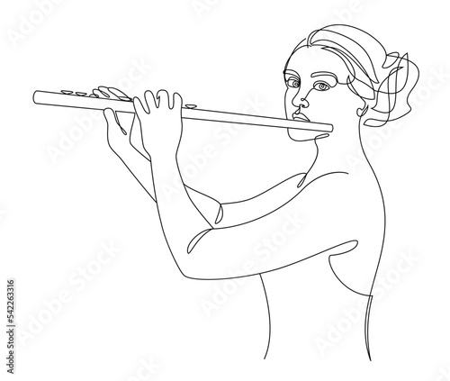 Silhouette of a beautiful woman with a flute in a modern continuous line style. Flute girl, slender. Continuous line drawing, decor aesthetic outline, posters, stickers, logo. Vector illustration.