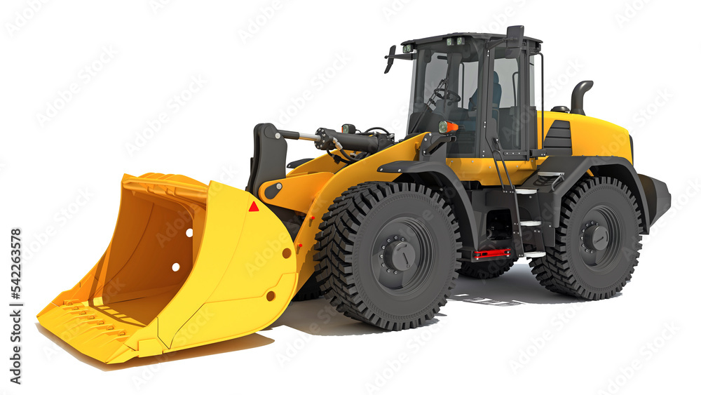 Wheel Loader heavy construction machinery 3D rendering on white background Wheel Loader heavy construction machinery 3D rendering on white background