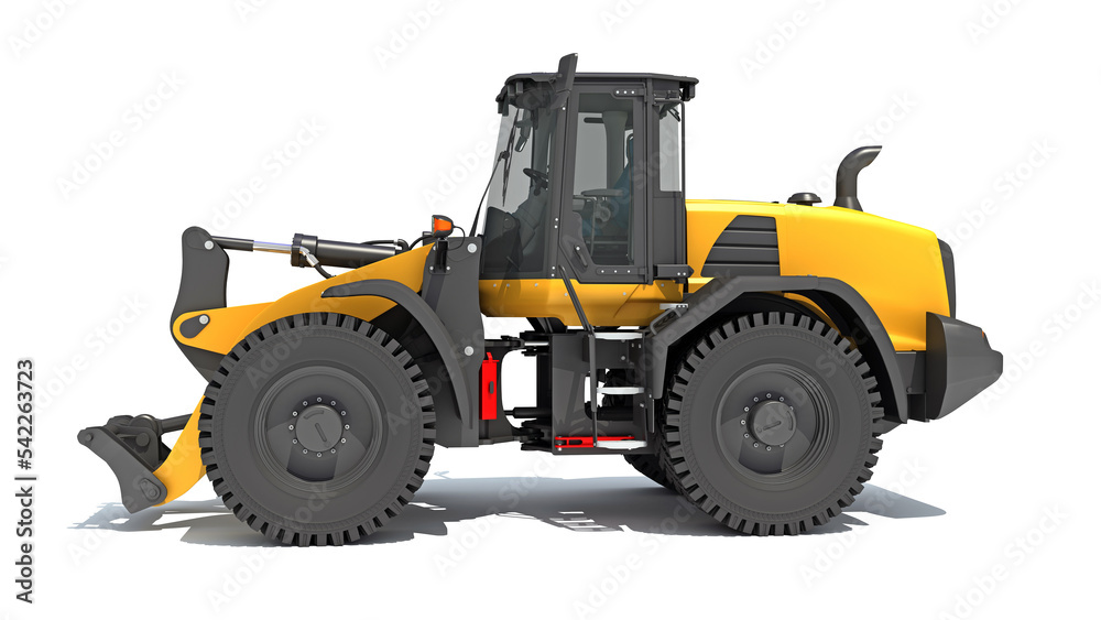 Wheel Loader heavy construction machinery 3D rendering on white background