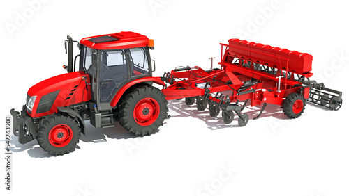 Tractor with Disc Harrow farm equipment 3D rendering on white background
