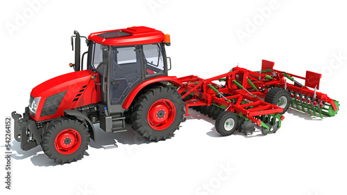 Tractor with Disc Harrow farm equipment 3D rendering on white background