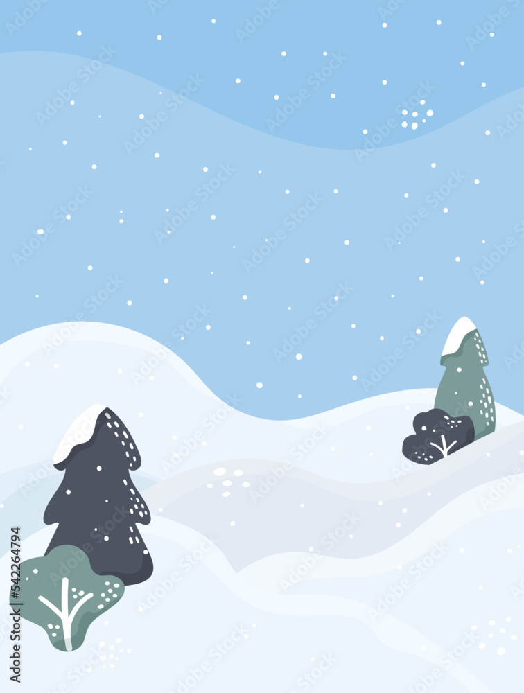 Forest winter landscape. Snow-covered firs and bushes in snowdrifts. Background with trees in snowfall. Greeting card, template, banner for seasonal sale, price tags, flyers