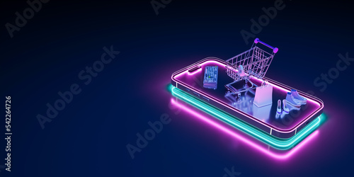 Smart phone on a dark background Decorated with neon blue and pink tones, keyboards, shoes, high heels, shopping carts.3D rendering
