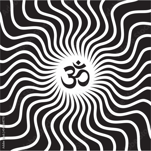 Square mandala in black and white tonality with the sign aum, om, ohm in the center. Vector graphics.