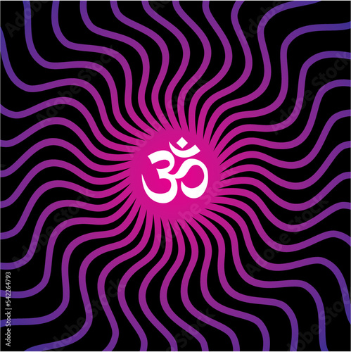Openwork square elegant mandala in red and purple colors on a black background. The sign aum, om, ohm in the center is yellow. Vector graphics.