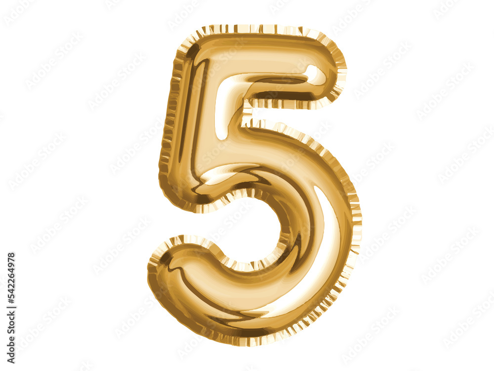 Gold number five air balloon for baby shower celebrate decoration party on transparent background Gold number five air balloon for baby shower celebrate decoration party on transparent background
