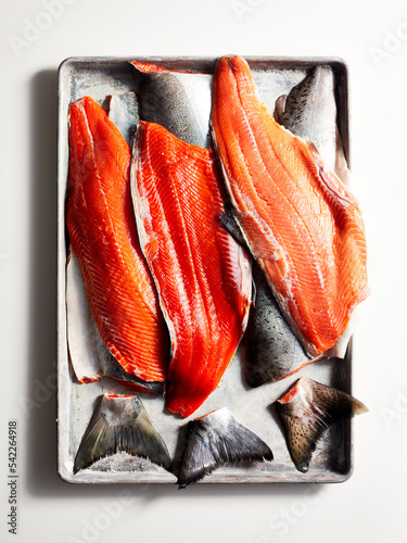 Wild raw salmon on a tray