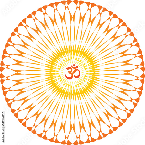 Openwork yellow-orange elegant mandala on a white background. The sign aum, om, ohm in the center. Yellow, orange colors. Vector graphics.