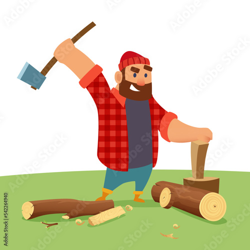 Lumberjack. outdoor character lumberjack smashing wood with big axe. vector people