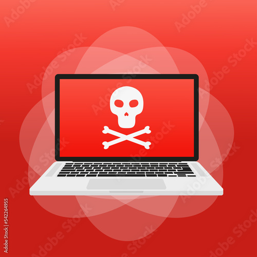 A dangerous virus on a laptop in the form of a skull. Vector illustration