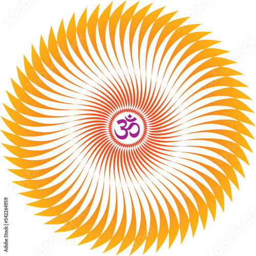 Openwork yellow-orange elegant mandala on a white background. The sign aum, om, ohm in the center. Yellow, orange colors. Vector graphics.