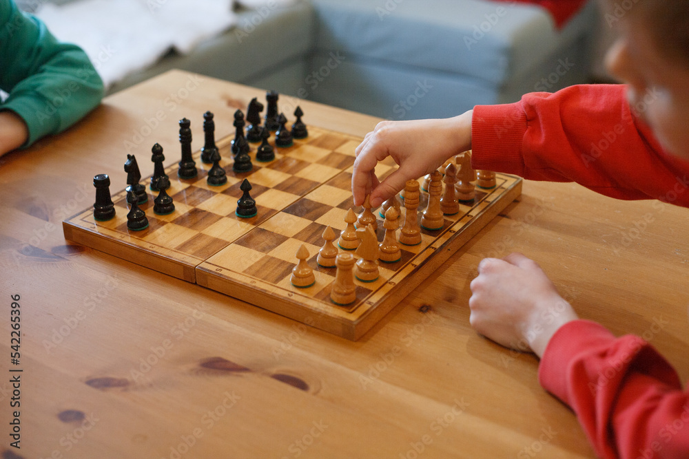 Two boys playing wooden chess - obrazy, fototapety, plakaty 