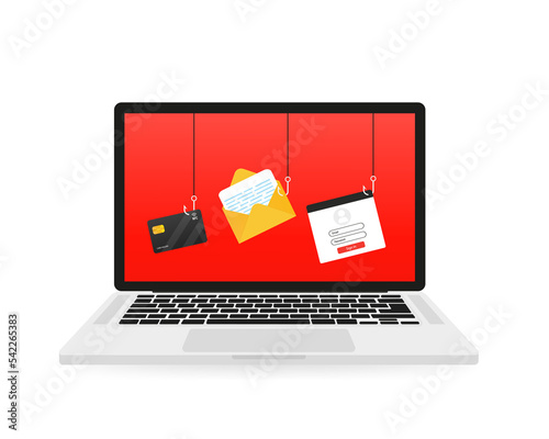 Fototapeta Naklejka Na Ścianę i Meble -  Hackers and cyber criminals engage in phishing, identity theft, user login, password, documents, email and credit card. Phishing and Scams, Internet Fraud and Laptop Theft. Vector illustration