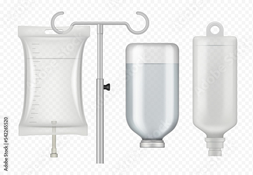 Medical dropper. Realistic bottles and plastic packages with medical liquid drugs transfusion systems for hospital decent vector templates