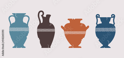 Broken vase silhouettes set. Different cracked ancient greek amphoras with meander pattern. Various forms and shapes of antique ceramic jar or vessel. Old clay pottery collection. Vector photo