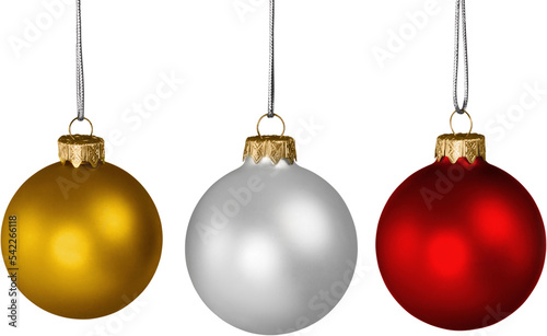 Three shiny christmas balls, red white and golden isolated on white