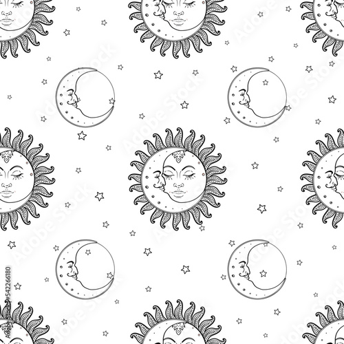 Sun and moon vector seamless pattern with stars. Vintage style. Wallpaper, wr...