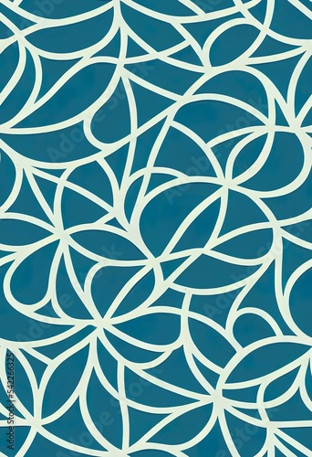 2d illustrated abstract seamless mesh pattern. Elegant ornament texture with curved grid wavy lattice floral shapes. Simple blue and beige ornamental background. Repeat design for fabric ceramic decor